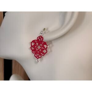 Brand New Red Tatted Lace Clip-On, Handmade Unique Dangle Drop Earrings